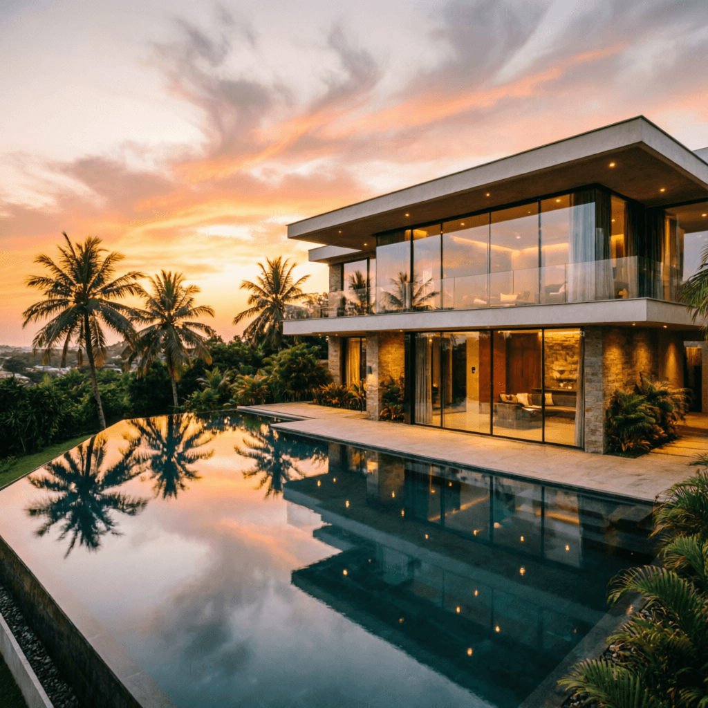 Villa contemporaine avec piscine au coucher du soleil