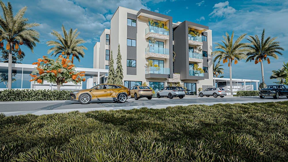 Perspective 3D d’une résidence moderne à Abidjan