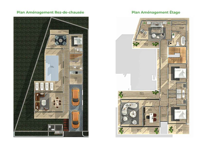 Plan de la villa duplex, rez-de-chaussée et étage
